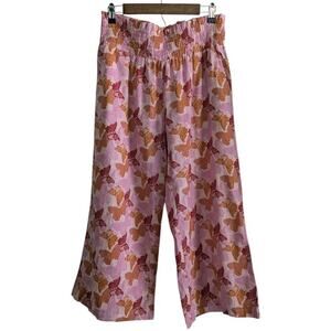 Kate Quinn Women's Pants Organic Cotton Wide Leg Cropped Butterfly Print Sz M